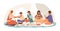 Happy traditional Indian family at festive dinner vector flat illustration. Children, parents and grandparents eating
