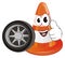 Happy traffic cone hold a wheel