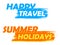 Happy travel and summer holidays, blue and orange drawn labels