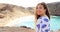 Happy travel tourist woman in Lanzarote, Canary Islands, Spain. Girl on summer vacation visiting tourist destination and having