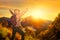 Happy traveler with backpack standing on a rock with raised hand