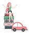Happy traveler woman sitting on suitcases and the car ready to go. Vector illustration