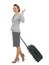 Happy traveling woman with suitcase waving hand