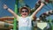 Happy trendy boy laughing having fun raising hand feeling positive emotion at open air aquapark