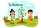 Happy Tu Bishvat Vector Illustration. Translation the Jewish New Year for Trees. Kids Planted a Tree in the Yard in Flat Cartoon