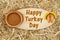 Happy Turkey Day message with pumpkin pie and a turkey