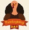 Happy Turkey with Ribbons for Thanksgiving Day in Flat Style, Vector Illustration