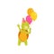 Happy turtle blowing in party whistle and holding glossy balloons. Reptile with cone hat on head. Flat vector for