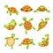 Happy turtle icons set, cartoon style