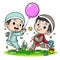 Happy Two boy Muslim running in the park and holding balloon