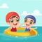Happy Two Boys Character Wear Goggles and Swimming Inflatable Ring in Water for Pool Party on Summer