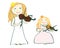 Happy two little violinists plays the violin in long dresses, vector, illustration, music lessons, isolate