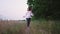 Happy ukrainian woman running near wheat field. Young lady in traditional embroidery vyshyvanka. Ukraine, independence