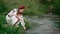 Happy ukrainian woman in traditional embroidery vyshyvanka dress sitting near river, splashes with water on forest