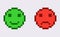 Happy and unhappy 8 bit emoticon. Joyful green character with smiling face and sad red with angry depression.