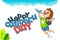 Happy Universal Children Day holiday. Lettering. The cute little boy launches a toy plane. Vector