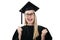 Happy university graduate wearing gown and cap isolated on white