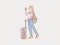 Happy vacation girl carry suitcase being ready to go holidays simple korean style illustration