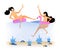 Happy vacation illustration of two women swim in the sea in pink flamingo floats and drink champagne. fun holiday party. Vector