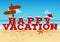 Happy vacation inscription in 3d style with santa hat on beach background. Winter and Christmas holiday travel concept