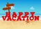 Happy vacation inscription on tropical beach background. Red letter in 3d style with wooden sign. Vector