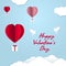 Happy Valentine Day banner, heart shape hot air balloons, gift boxes with ribbon and bow. Vector illustration