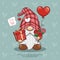 Happy Valentine Day With Cute Gnome Holding Flower, Gift Box, And Heart Balloon, I Love You, Cartoon Illustration