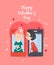 Happy Valentine Day vector illustration with kiss. Selfie of young couple in love. Pink template. Phone dating