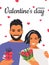 Happy Valentine`s card. A man gives a bouquet of pink tulips, a woman handed a surprise in a box. Festive modern romantic vertical