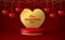 Happy Valentine\\\'s Day 3d scene with red and gold podium platform, big golden heart, garlands and confetti