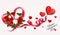 Happy Valentine`s Day beautiful background with colorful roses and red heart shape ribbon