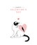 Happy Valentine`s Day. Black and white cat illustration with pink hearts isolated on white background. Feline vector sketch for