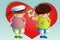 Happy valentine\'s day. The boy gives boy bouquet on background of the heart. Declaration of love, a proposal to marry, the concep
