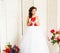 Happy Valentine\'s Day. Bride with red heart. Wedding and Valentine concept.