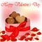 Happy Valentine`s Day card with box of cookies, pearls and rose petals. Background for valentine`s day. Greeting card in