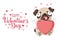 Happy Valentine`s Day. Cute pug dog huging pink heart. Hand rdawn vector cartoons illustration with slogan