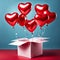 Happy Valentine\\\'s Day decoration with an opened gift box and heart-shaped balloon on a pink background