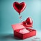 Happy Valentine\\\'s Day decoration with an opened gift box and heart-shaped balloon on a pink background