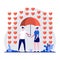 Happy valentine`s day festival concept with tiny character and heart shape love symbol. Loving couple holding umbrella under
