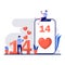 Happy valentine`s day festival concept with tiny character. Loving couple sent red heart and love gift in mobile phone flat vecto