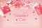 Happy Valentine`s Day Flyer, Horizontal Web Banner Background with garland, candies, confetti, beads, gift boxes
