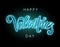 Happy Valentine`s day glowing script lettering inscription, vector neon sign isolated on black bacground.