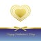 Happy Valentine`s Day. Gold heart, gold bow, gold ribbon