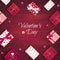 Happy Valentine`s Day greeting background. Top view on gift boxes in different packaging, candy lollipops in the form of heart on