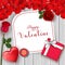 Happy Valentine`s Day greeting banner. Top view on romantic with gift box and red heart. Beautiful backdrop with rose flower and c