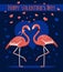 Happy Valentine's Day Greeting Card with Two Romantic Flamingos in Love.
