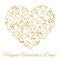 Happy Valentine`s day! Heart created of tracery with gold glitter on a white background