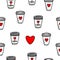 Happy Valentine`s day and Hot drink lovers theme. I love coffee. Cute hand drawn seamless pattern with love doodles elements.