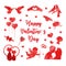 Happy Valentine`s Day icon set of watercolor silhouettes. Cute romance love collection of design elements with heart