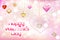 Happy Valentine`s day- inscription. Hearts, pearls and glitter stars on pink silk veil background. Decorative postcard, poster,